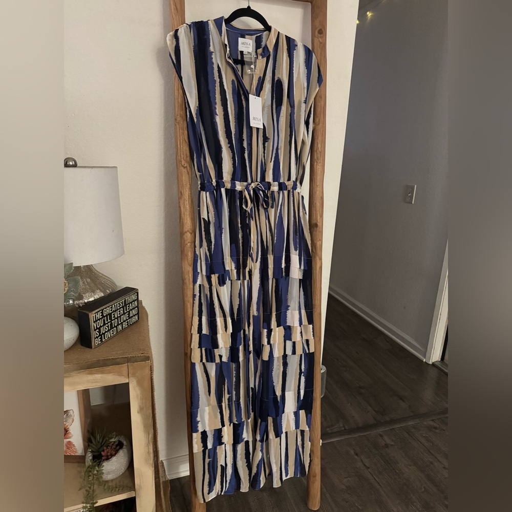 Misa Los Angeles Navy and Beige Patterned Maxi Dress